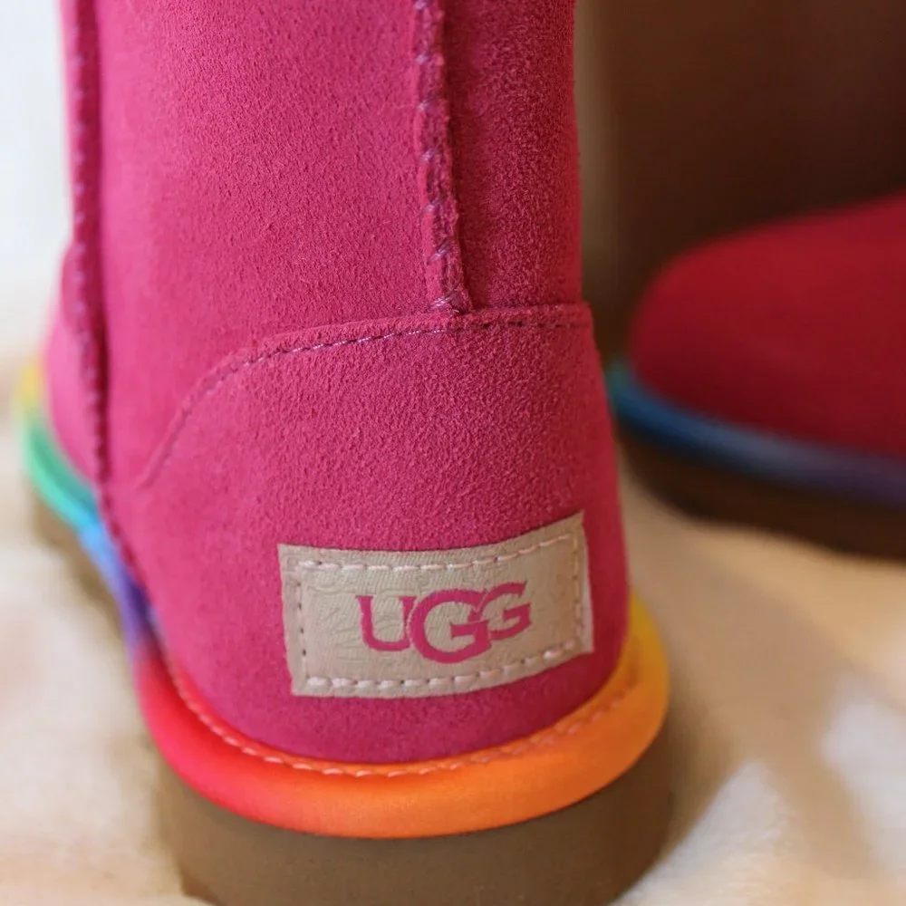 NIB UGG CLASSIC SHORT FUSCHIA PINK SUEDE YOUTH 5 6‎ WOMEN'S 7 8 BOOTS
